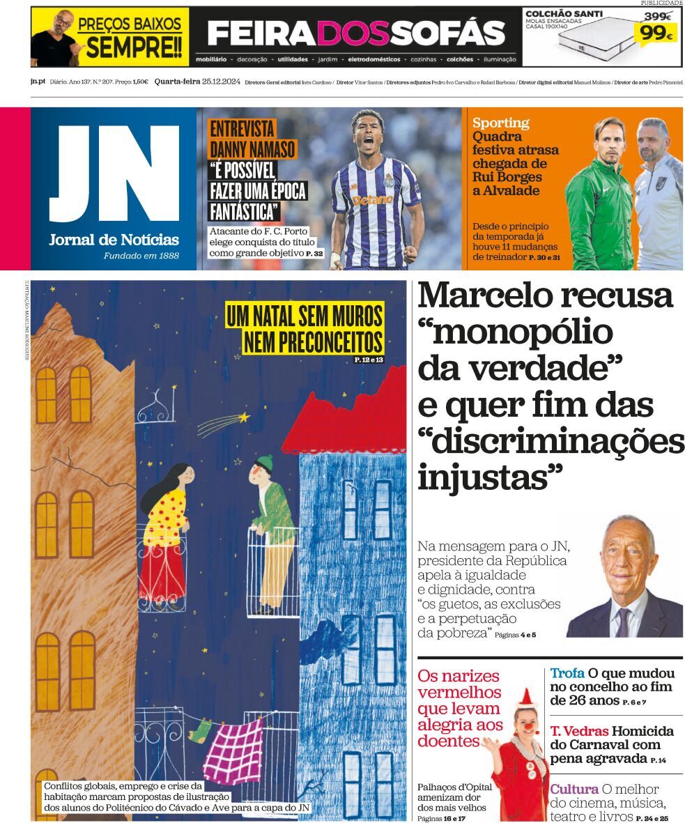 Jornal de Not&iacute;cias: Capa da Edi&ccedil;&atilde;o de quarta-feira, 25 de dezembro 2024