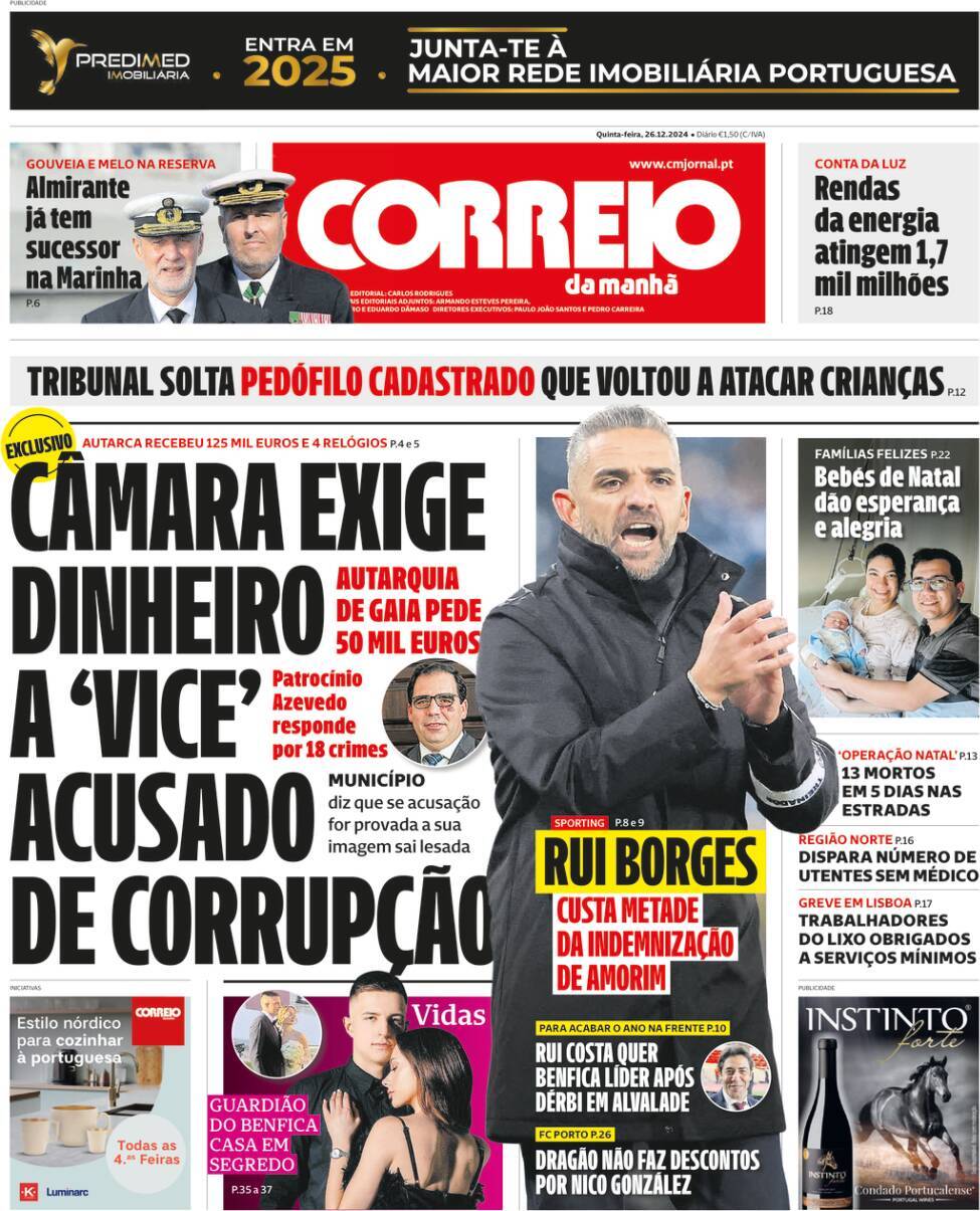 Correio da Manh&atilde;: Capa da Edi&ccedil;&atilde;o de quinta-feira, 26 de dezembro 2024