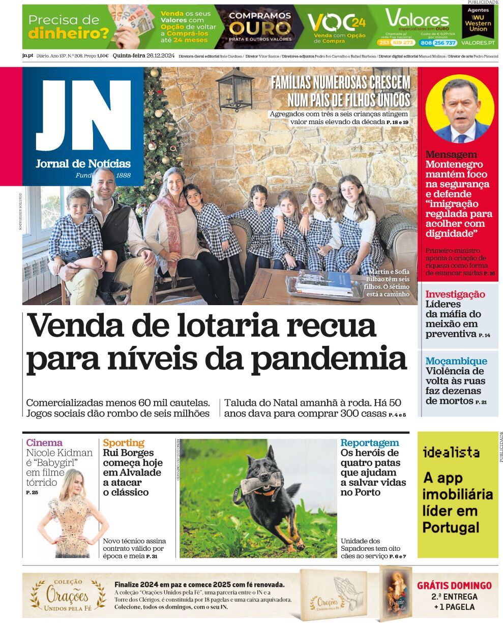Jornal de Not&iacute;cias: Capa da Edi&ccedil;&atilde;o de quinta-feira, 26 de dezembro 2024