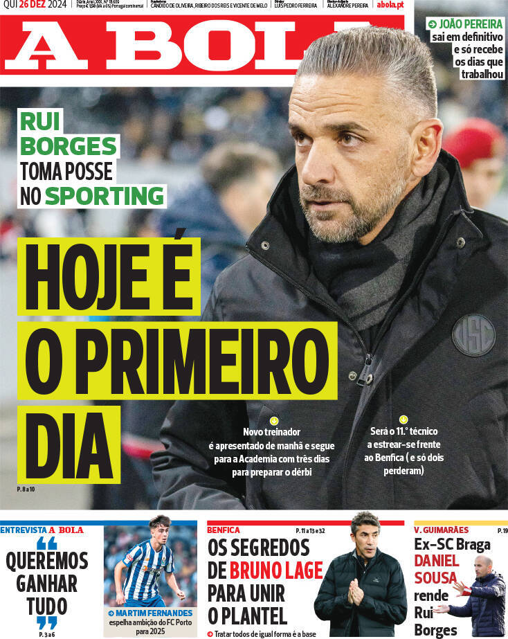 A Bola: Capa da Edi&ccedil;&atilde;o de quinta-feira, 26 de dezembro 2024