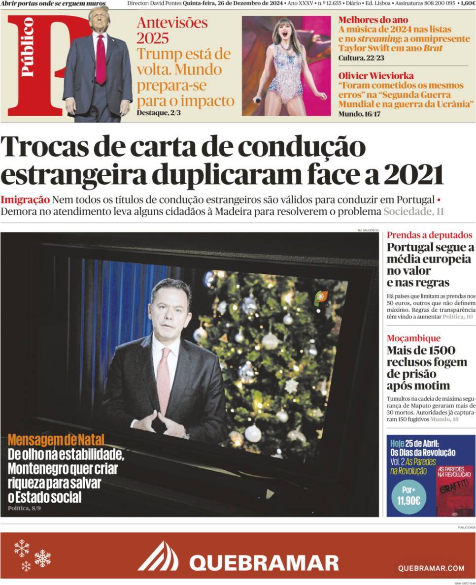P&uacute;blico: Capa da Edi&ccedil;&atilde;o de quinta-feira, 26 de dezembro 2024
