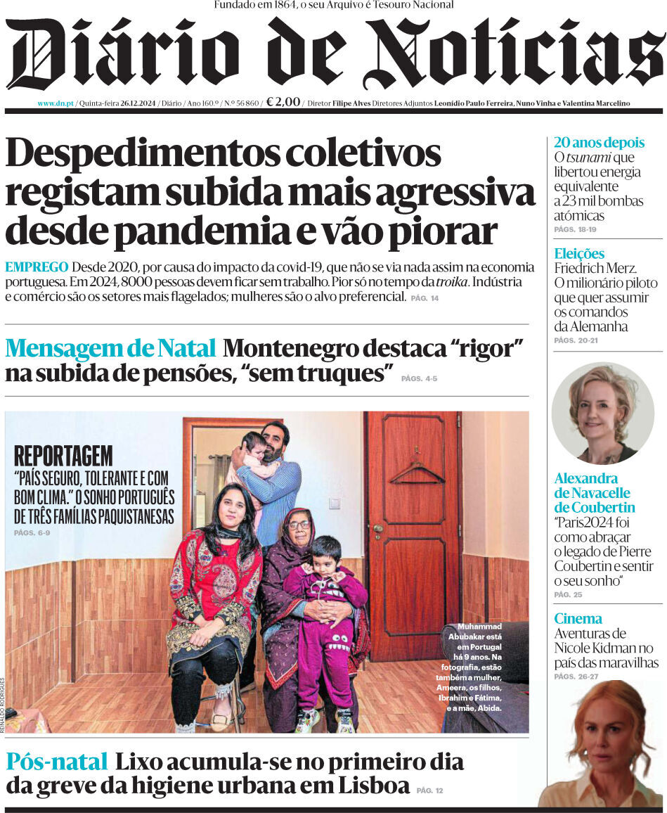 Di&aacute;rio de Not&iacute;cias: Capa da Edi&ccedil;&atilde;o de quinta-feira, 26 de dezembro 2024
