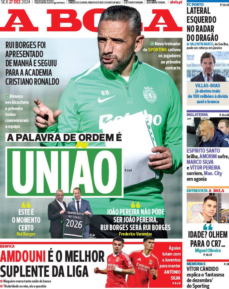 A Bola: Capa da Edi&ccedil;&atilde;o de sexta-feira, 27 de dezembro 2024