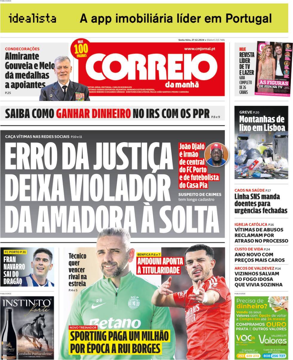 Correio da Manh&atilde;: Capa da Edi&ccedil;&atilde;o de sexta-feira, 27 de dezembro 2024