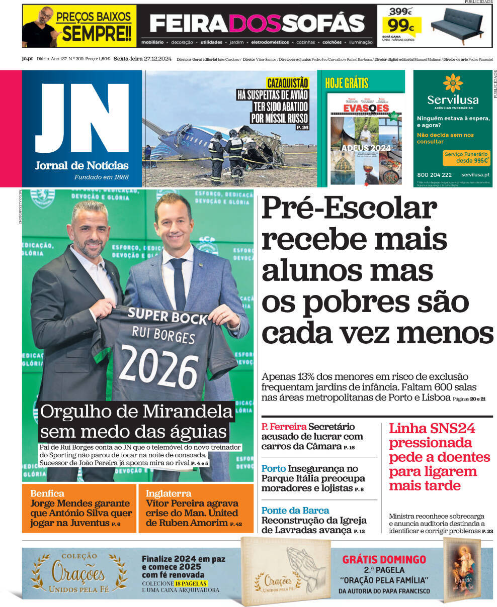 Jornal de Not&iacute;cias: Capa da Edi&ccedil;&atilde;o de sexta-feira, 27 de dezembro 2024