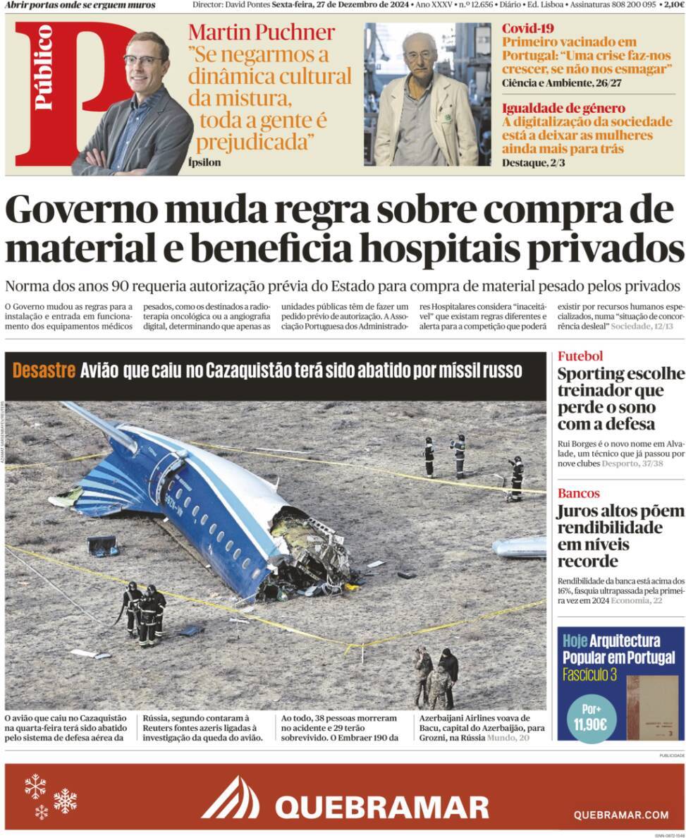 P&uacute;blico: Capa da Edi&ccedil;&atilde;o de sexta-feira, 27 de dezembro 2024
