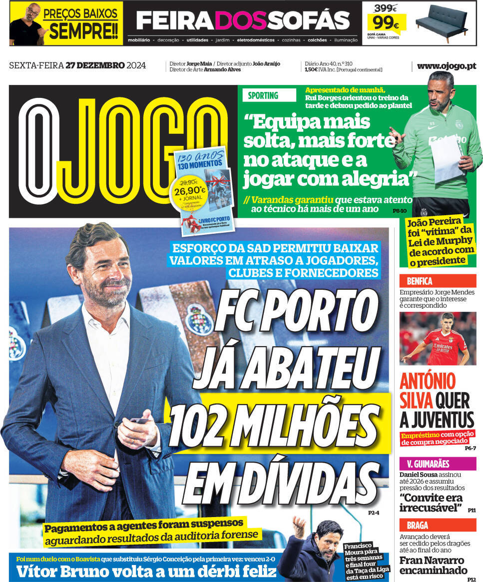 O Jogo: Capa da Edi&ccedil;&atilde;o de sexta-feira, 27 de dezembro 2024