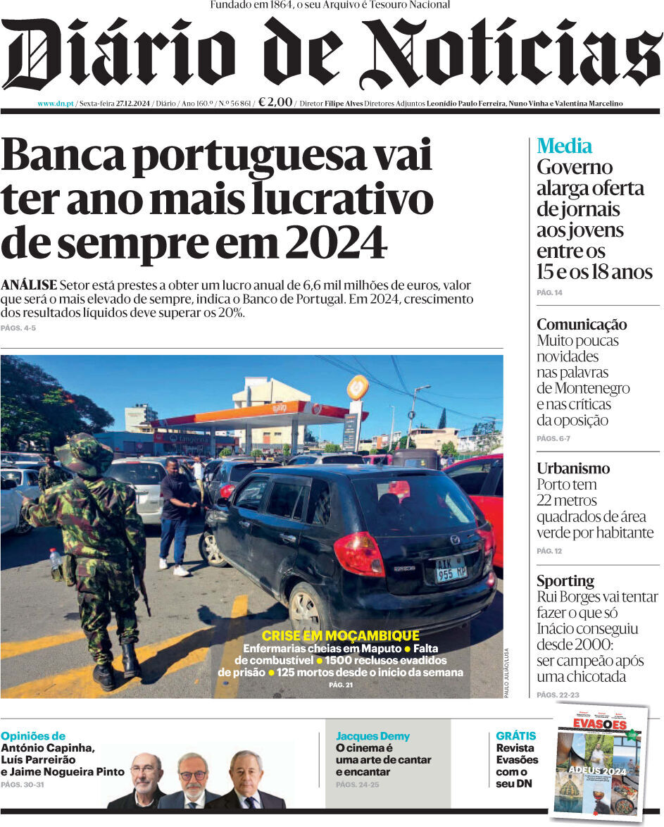 Di&aacute;rio de Not&iacute;cias: Capa da Edi&ccedil;&atilde;o de sexta-feira, 27 de dezembro 2024