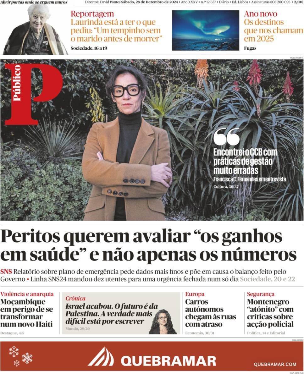 P&uacute;blico: Capa da Edi&ccedil;&atilde;o de s&aacute;bado, 28 de dezembro 2024
