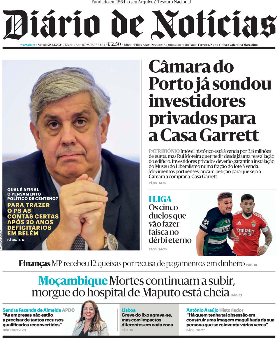 Di&aacute;rio de Not&iacute;cias: Capa da Edi&ccedil;&atilde;o de s&aacute;bado, 28 de dezembro 2024
