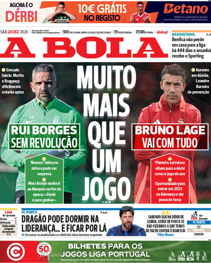 A Bola: Capa da Edi&ccedil;&atilde;o de s&aacute;bado, 28 de dezembro 2024