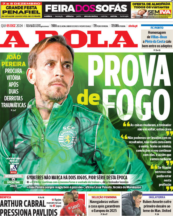 A Bola: Capa da Edi&ccedil;&atilde;o de quinta-feira, 05 de dezembro 2024