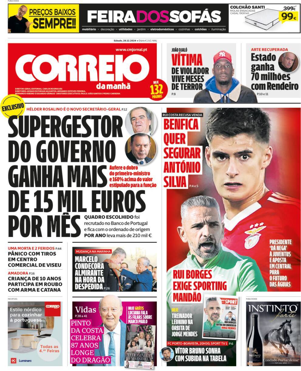 Correio da Manh&atilde;: Capa da Edi&ccedil;&atilde;o de s&aacute;bado, 28 de dezembro 2024