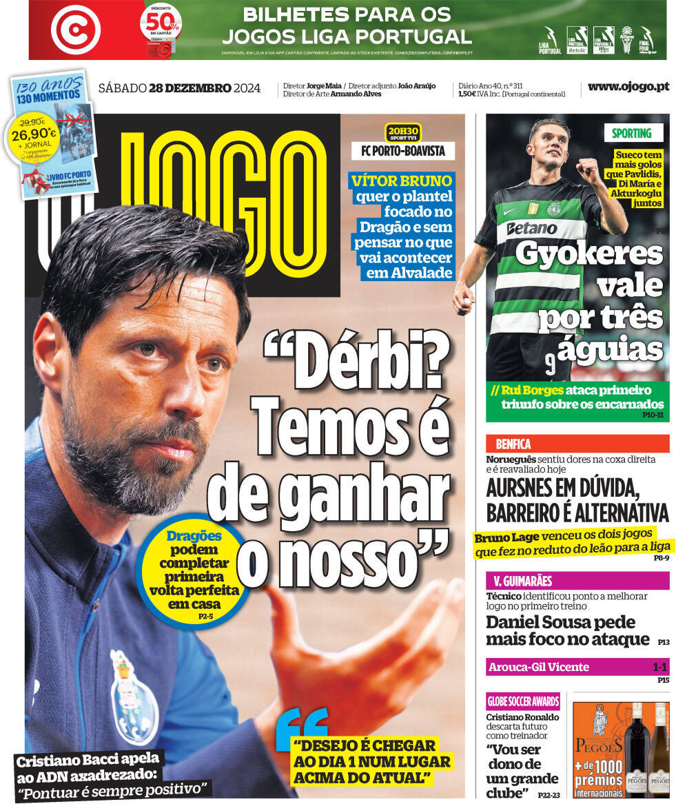 O Jogo: Capa da Edi&ccedil;&atilde;o de s&aacute;bado, 28 de dezembro 2024