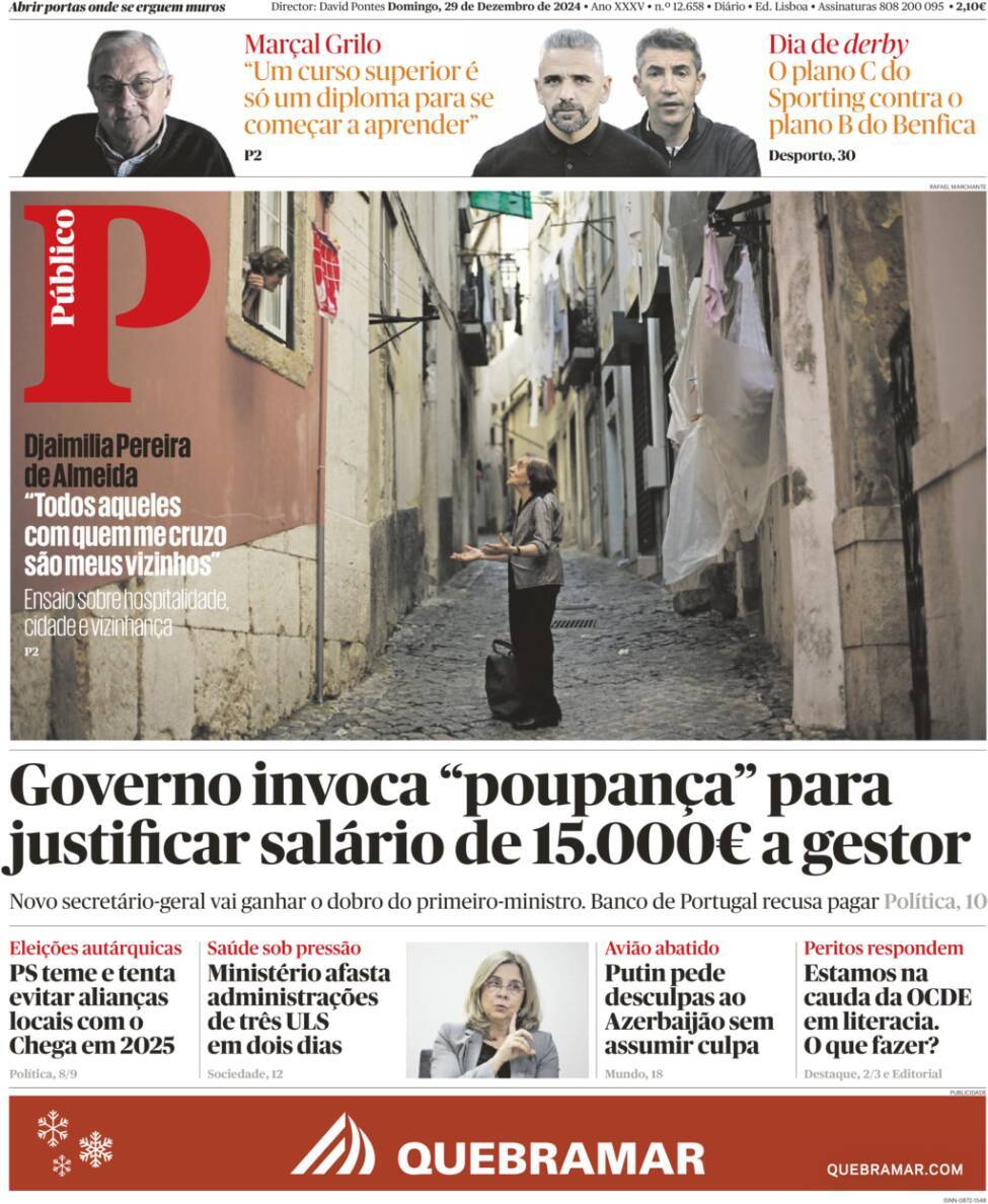 P&uacute;blico: Capa da Edi&ccedil;&atilde;o de domingo, 29 de dezembro 2024