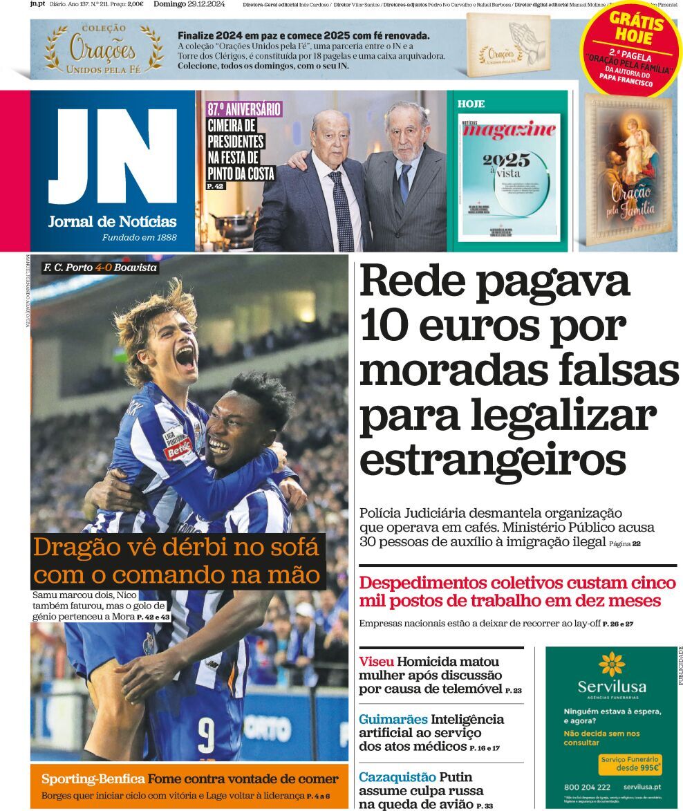 Jornal de Not&iacute;cias: Capa da Edi&ccedil;&atilde;o de domingo, 29 de dezembro 2024