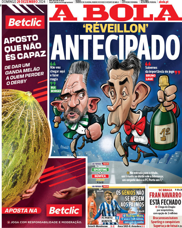 A Bola: Capa da Edi&ccedil;&atilde;o de domingo, 29 de dezembro 2024