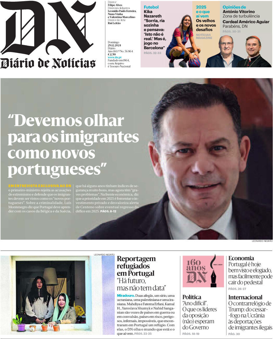 Di&aacute;rio de Not&iacute;cias: Capa da Edi&ccedil;&atilde;o de domingo, 29 de dezembro 2024