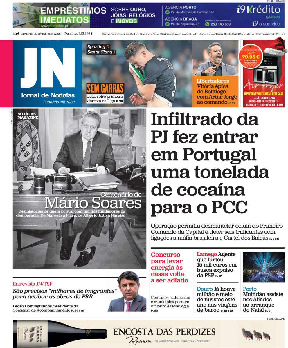 Jornal de Not&iacute;cias: Capa da Edi&ccedil;&atilde;o de domingo, 01 de dezembro 2024