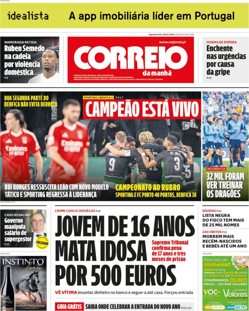 Correio da Manh&atilde;: Capa da Edi&ccedil;&atilde;o de segunda-feira, 30 de dezembro 2024