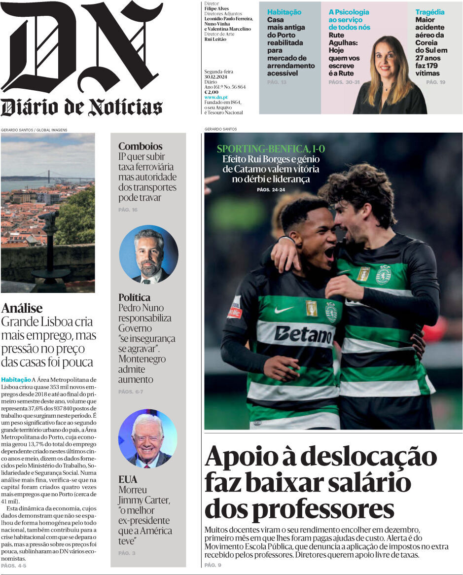Di&aacute;rio de Not&iacute;cias: Capa da Edi&ccedil;&atilde;o de segunda-feira, 30 de dezembro 2024