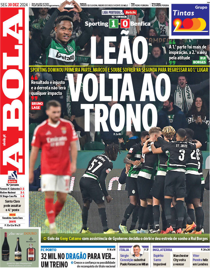 A Bola: Capa da Edi&ccedil;&atilde;o de segunda-feira, 30 de dezembro 2024