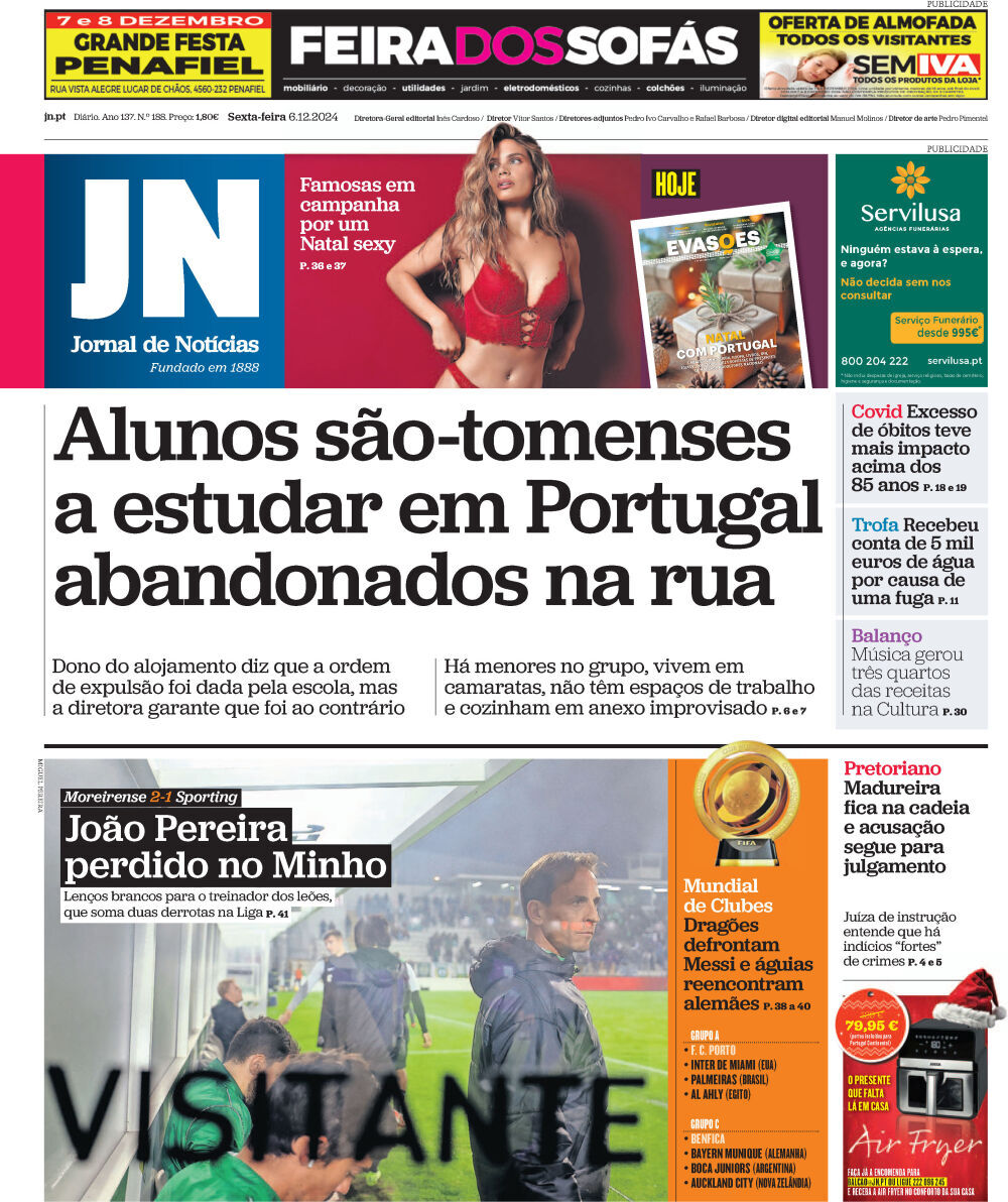 Jornal de Not&iacute;cias: Capa da Edi&ccedil;&atilde;o de sexta-feira, 06 de dezembro 2024