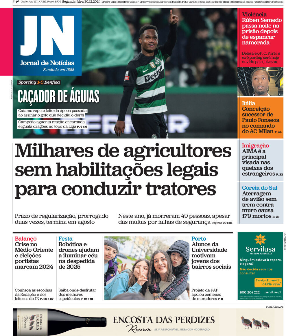 Jornal de Not&iacute;cias: Capa da Edi&ccedil;&atilde;o de segunda-feira, 30 de dezembro 2024