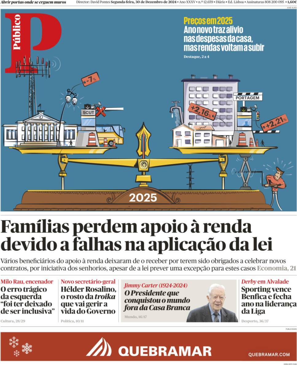 P&uacute;blico: Capa da Edi&ccedil;&atilde;o de segunda-feira, 30 de dezembro 2024