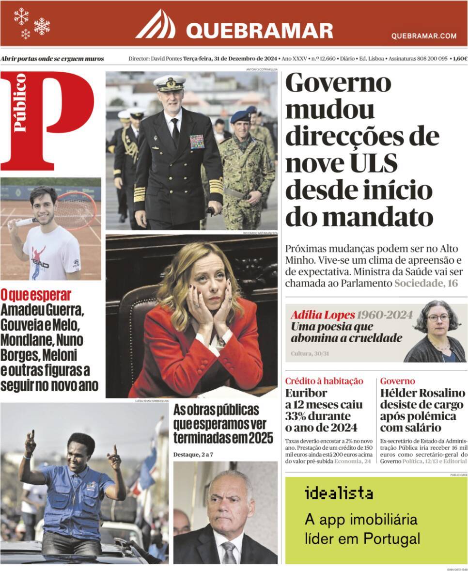 P&uacute;blico: Capa da Edi&ccedil;&atilde;o de ter&ccedil;a-feira, 31 de dezembro 2024
