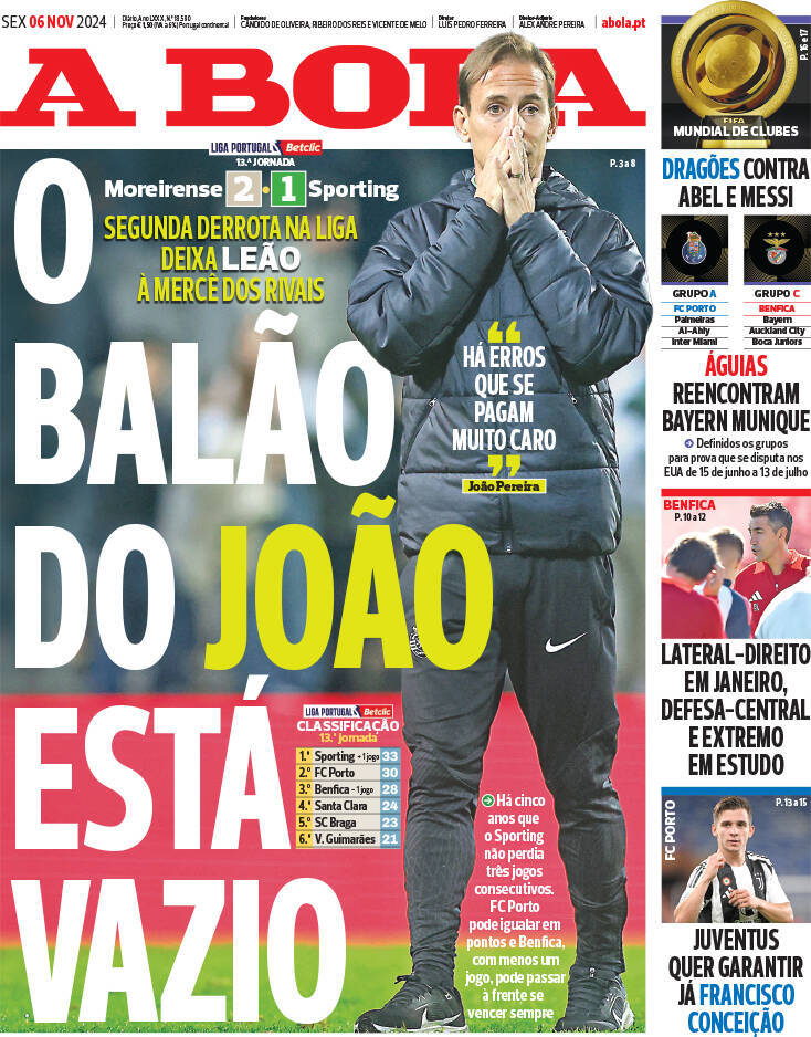 A Bola: Capa da Edi&ccedil;&atilde;o de sexta-feira, 06 de dezembro 2024