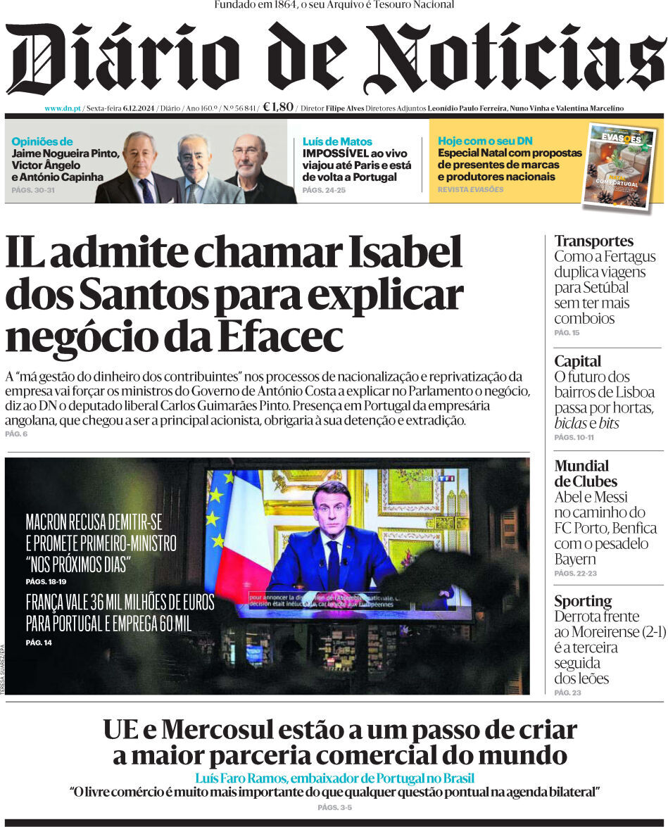 Di&aacute;rio de Not&iacute;cias: Capa da Edi&ccedil;&atilde;o de sexta-feira, 06 de dezembro 2024