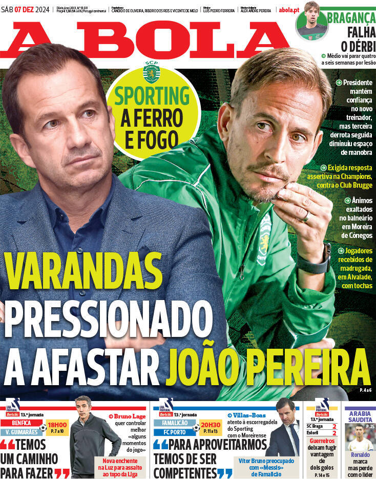 A Bola: Capa da Edi&ccedil;&atilde;o de s&aacute;bado, 07 de dezembro 2024