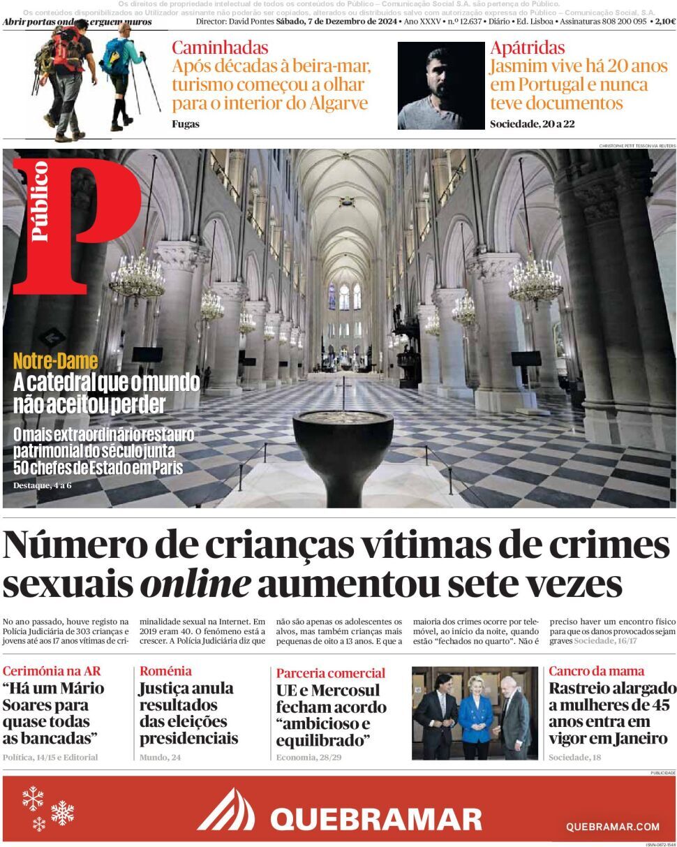 P&uacute;blico: Capa da Edi&ccedil;&atilde;o de s&aacute;bado, 07 de dezembro 2024