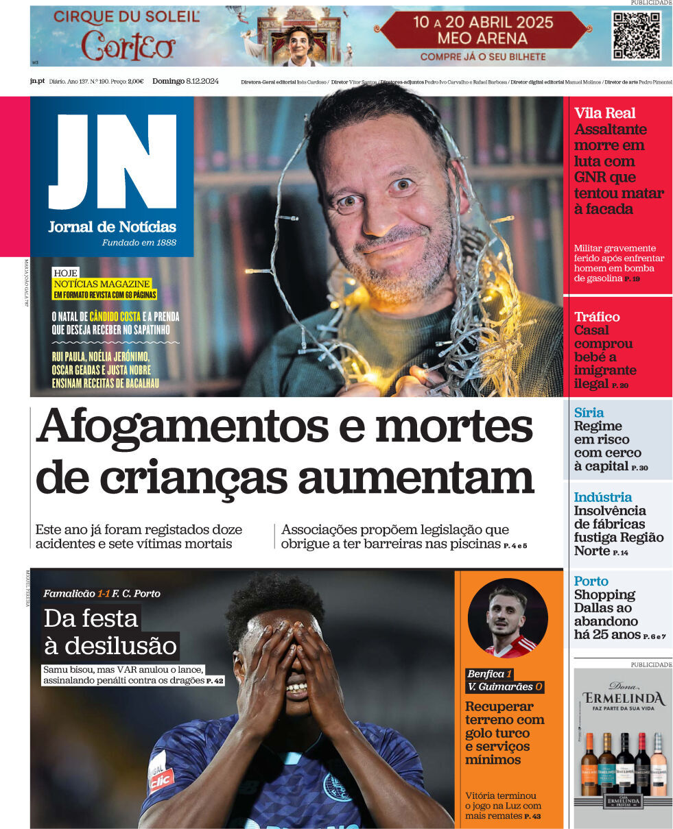 Jornal de Not&iacute;cias: Capa da Edi&ccedil;&atilde;o de domingo, 08 de dezembro 2024