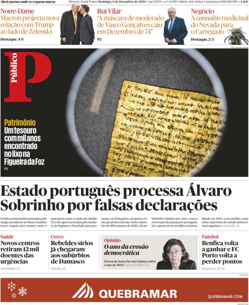 P&uacute;blico: Capa da Edi&ccedil;&atilde;o de domingo, 08 de dezembro 2024