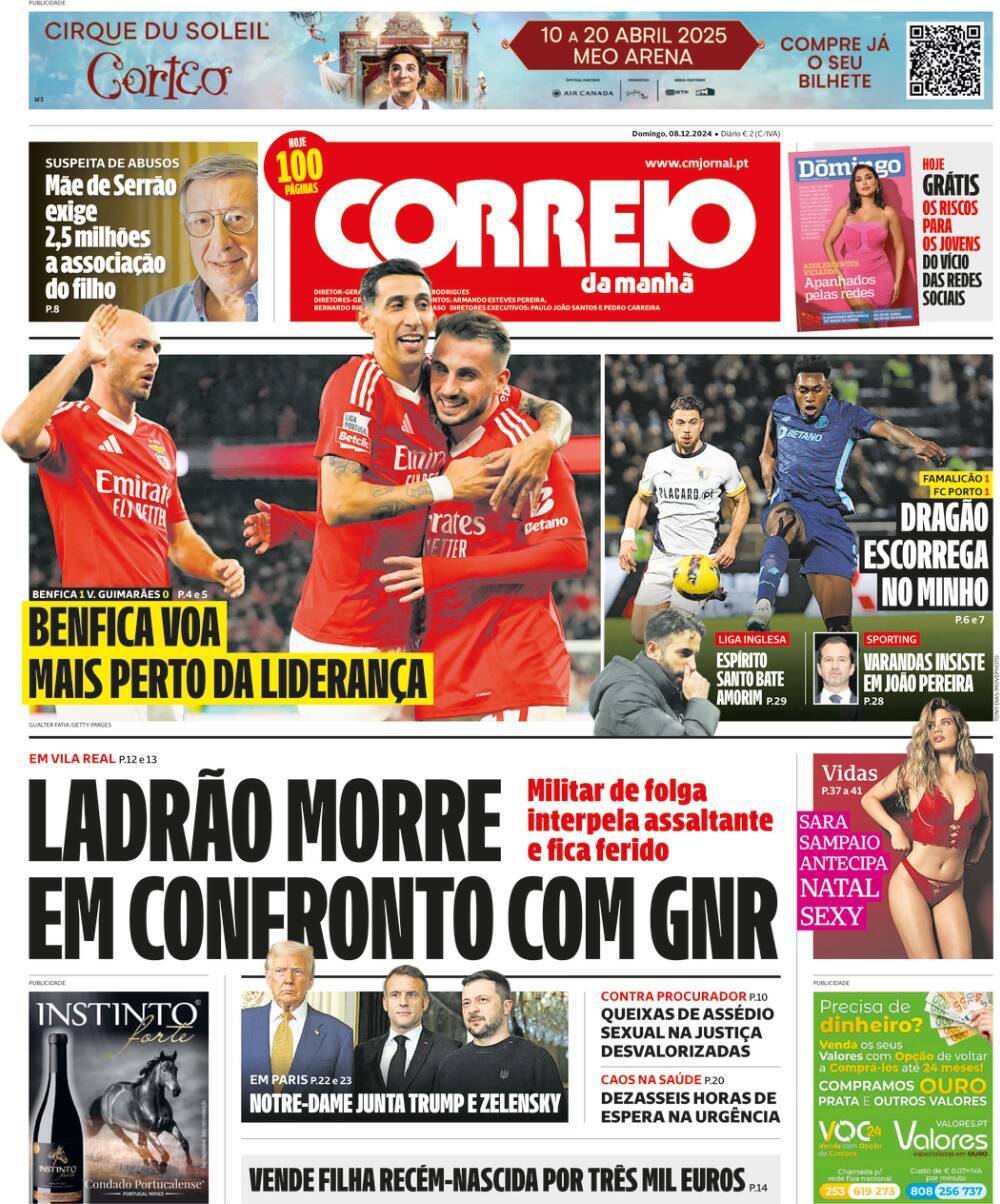 Correio da Manh&atilde;: Capa da Edi&ccedil;&atilde;o de domingo, 08 de dezembro 2024