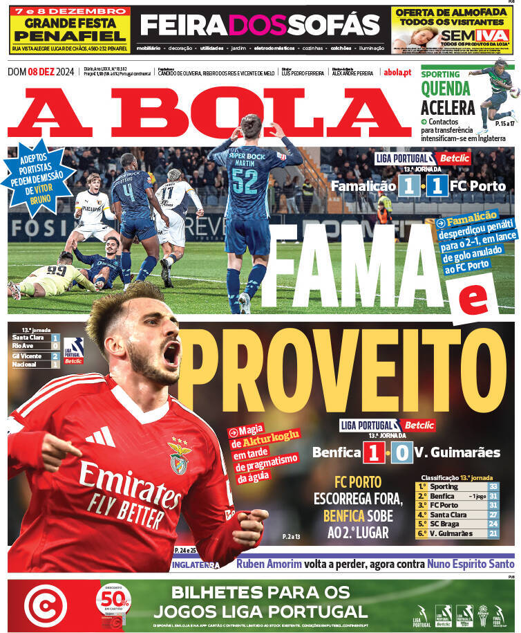 A Bola: Capa da Edi&ccedil;&atilde;o de domingo, 08 de dezembro 2024