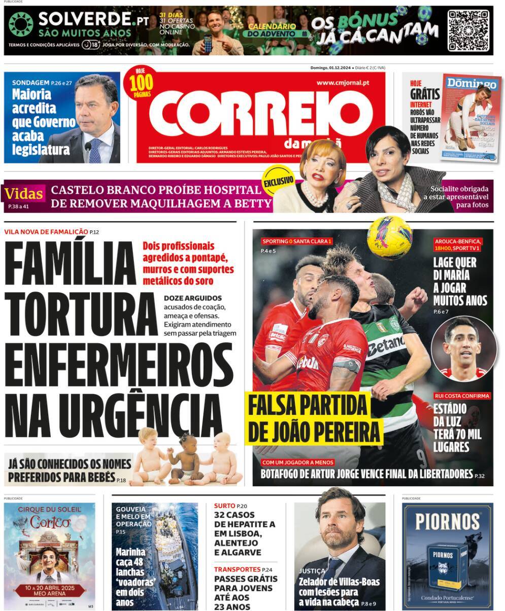 Correio da Manh&atilde;: Capa da Edi&ccedil;&atilde;o de domingo, 01 de dezembro 2024
