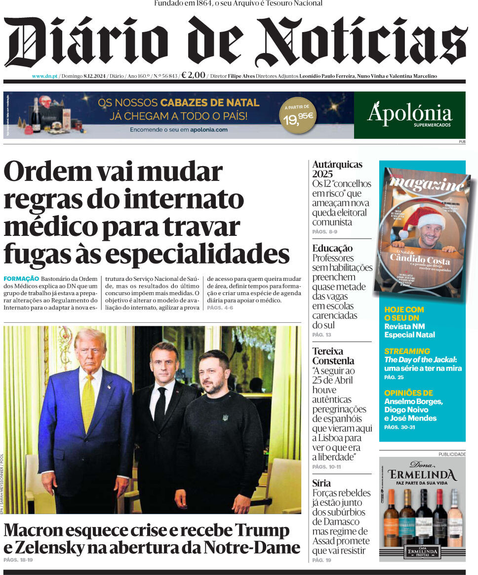 Di&aacute;rio de Not&iacute;cias: Capa da Edi&ccedil;&atilde;o de domingo, 08 de dezembro 2024