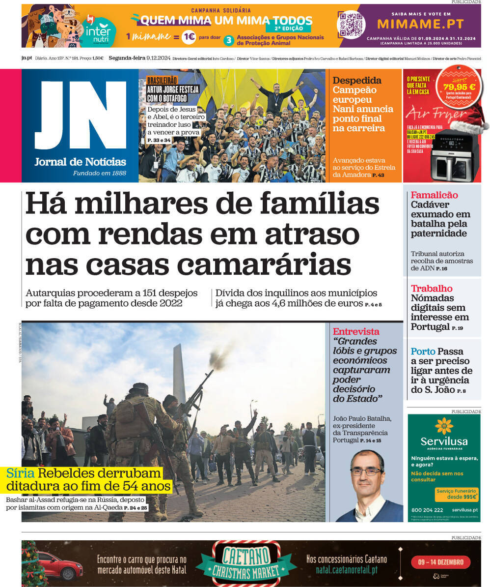 Jornal de Not&iacute;cias: Capa da Edi&ccedil;&atilde;o de segunda-feira, 09 de dezembro 2024