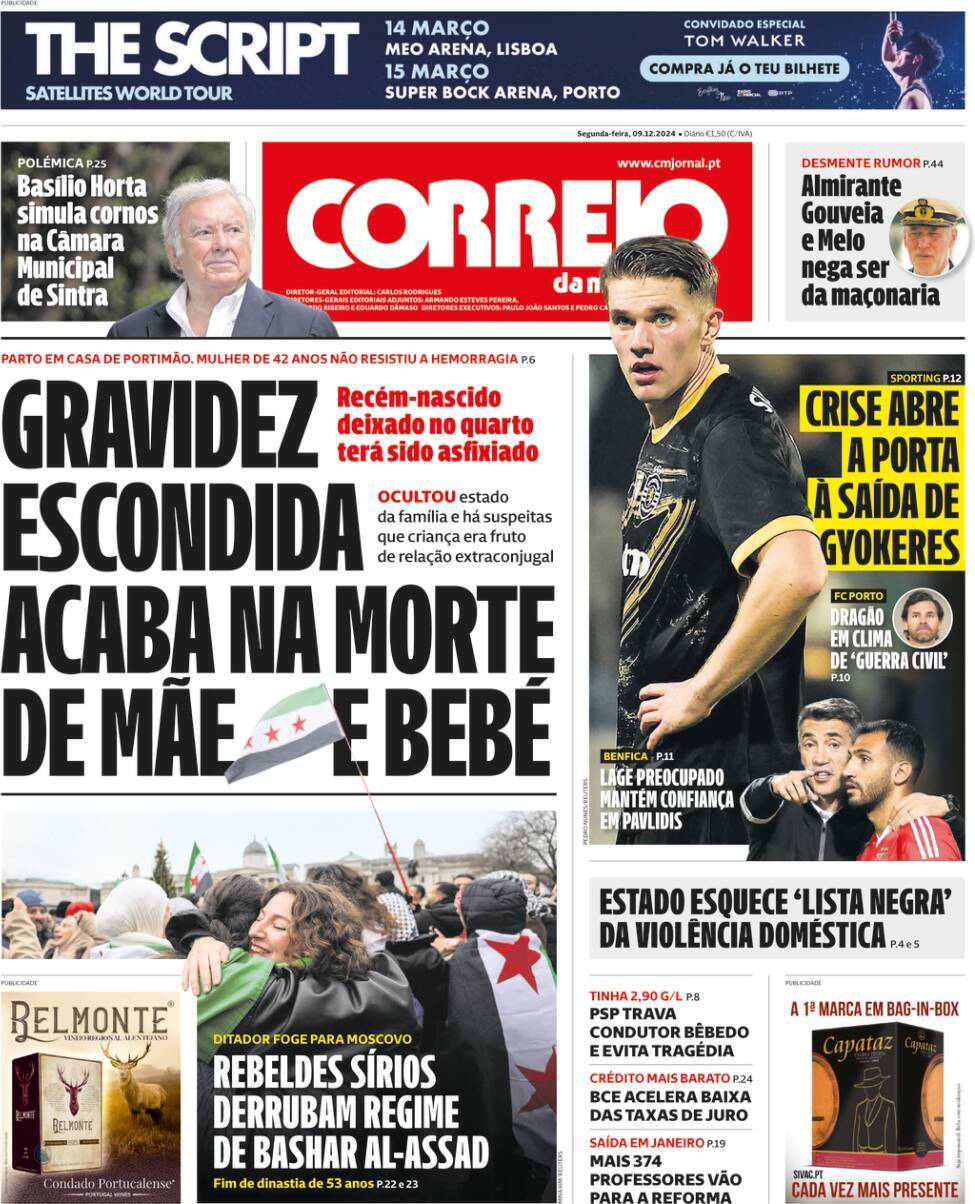 Correio da Manh&atilde;: Capa da Edi&ccedil;&atilde;o de segunda-feira, 09 de dezembro 2024