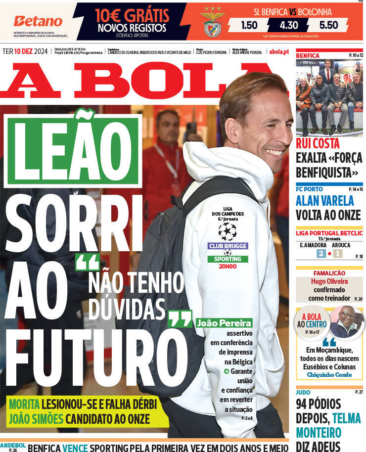 A Bola: Capa da Edi&ccedil;&atilde;o de ter&ccedil;a-feira, 10 de dezembro 2024