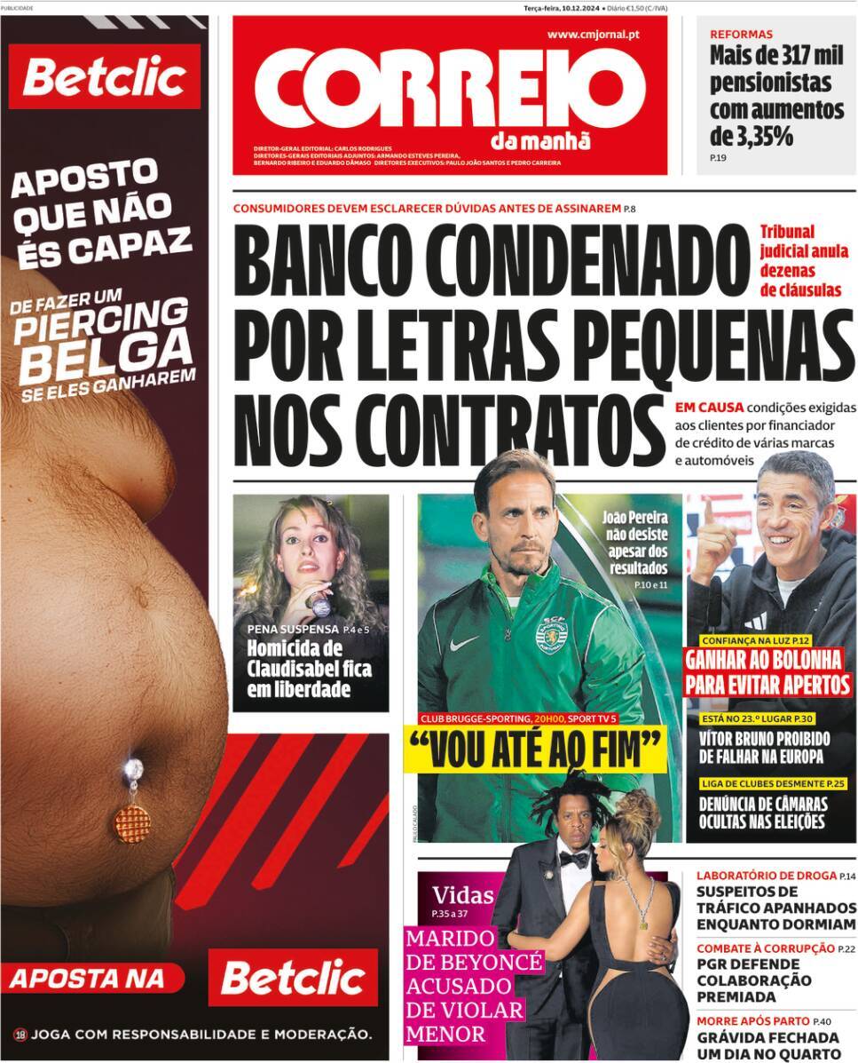 Correio da Manh&atilde;: Capa da Edi&ccedil;&atilde;o de ter&ccedil;a-feira, 10 de dezembro 2024