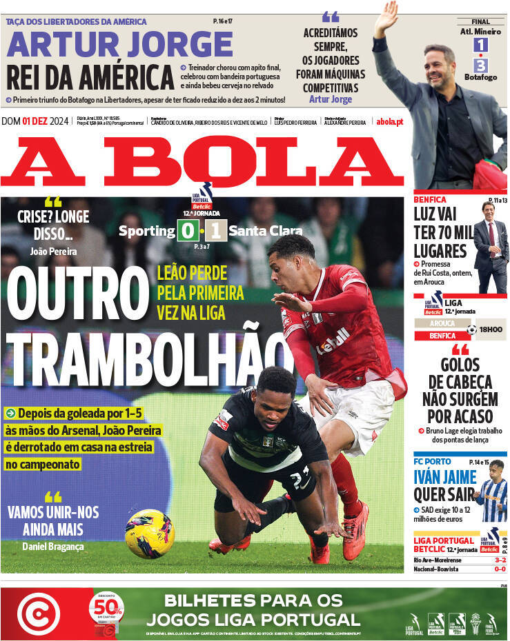 A Bola: Capa da Edi&ccedil;&atilde;o de domingo, 01 de dezembro 2024