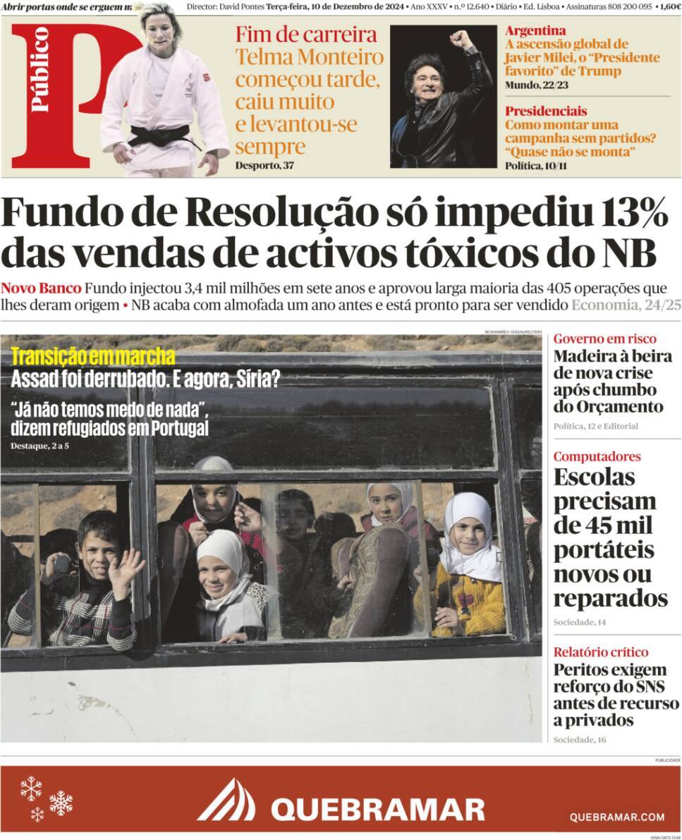 P&uacute;blico: Capa da Edi&ccedil;&atilde;o de ter&ccedil;a-feira, 10 de dezembro 2024