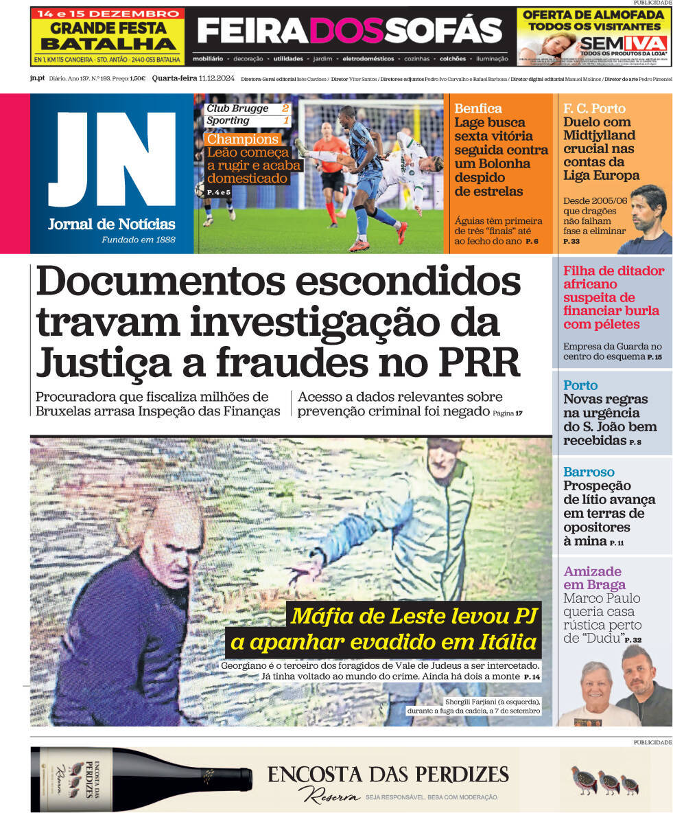 Jornal de Not&iacute;cias: Capa da Edi&ccedil;&atilde;o de quarta-feira, 11 de dezembro 2024