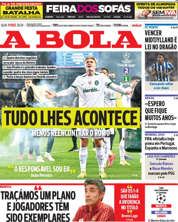 A Bola: Capa da Edi&ccedil;&atilde;o de quarta-feira, 11 de dezembro 2024