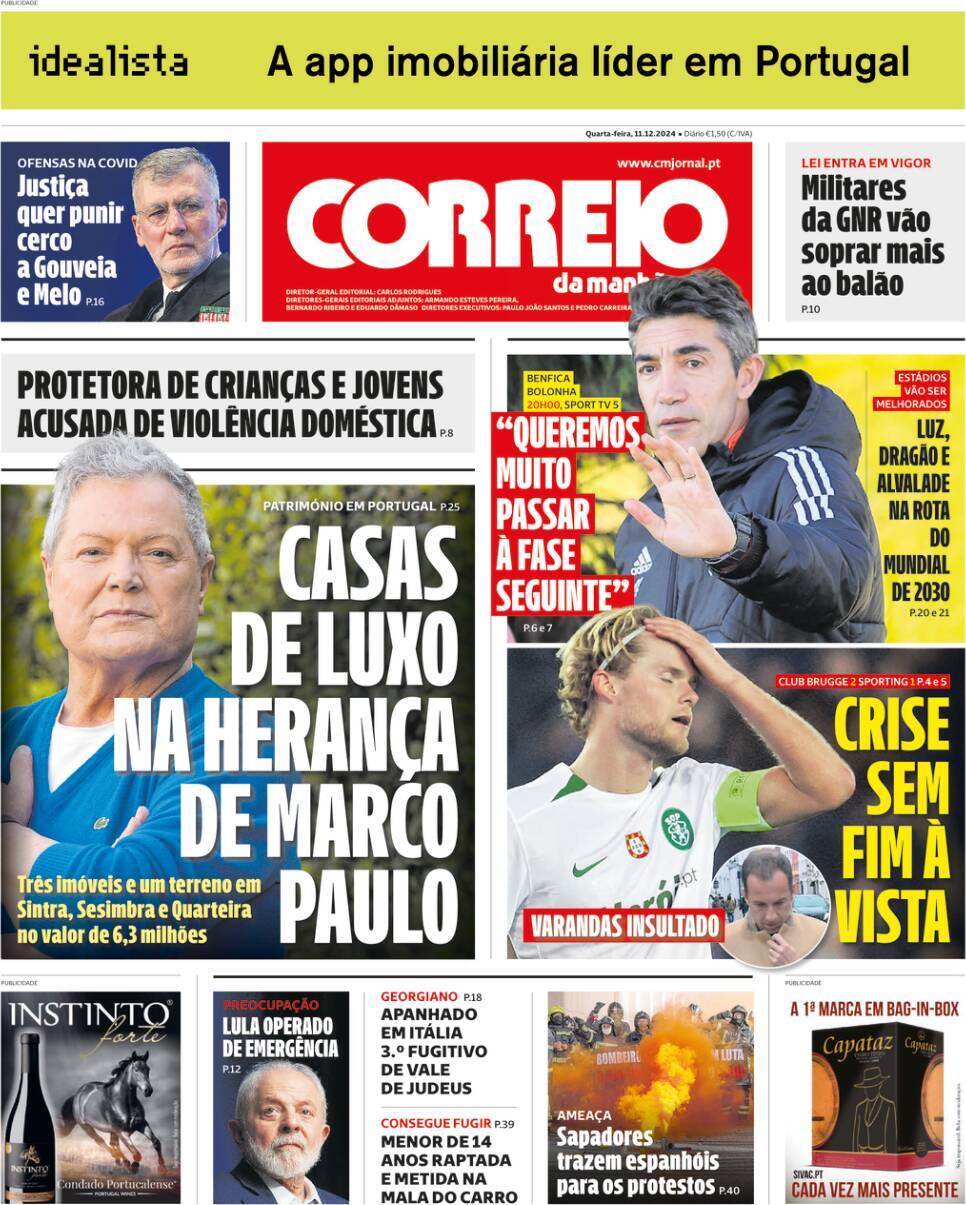 Correio da Manh&atilde;: Capa da Edi&ccedil;&atilde;o de quarta-feira, 11 de dezembro 2024