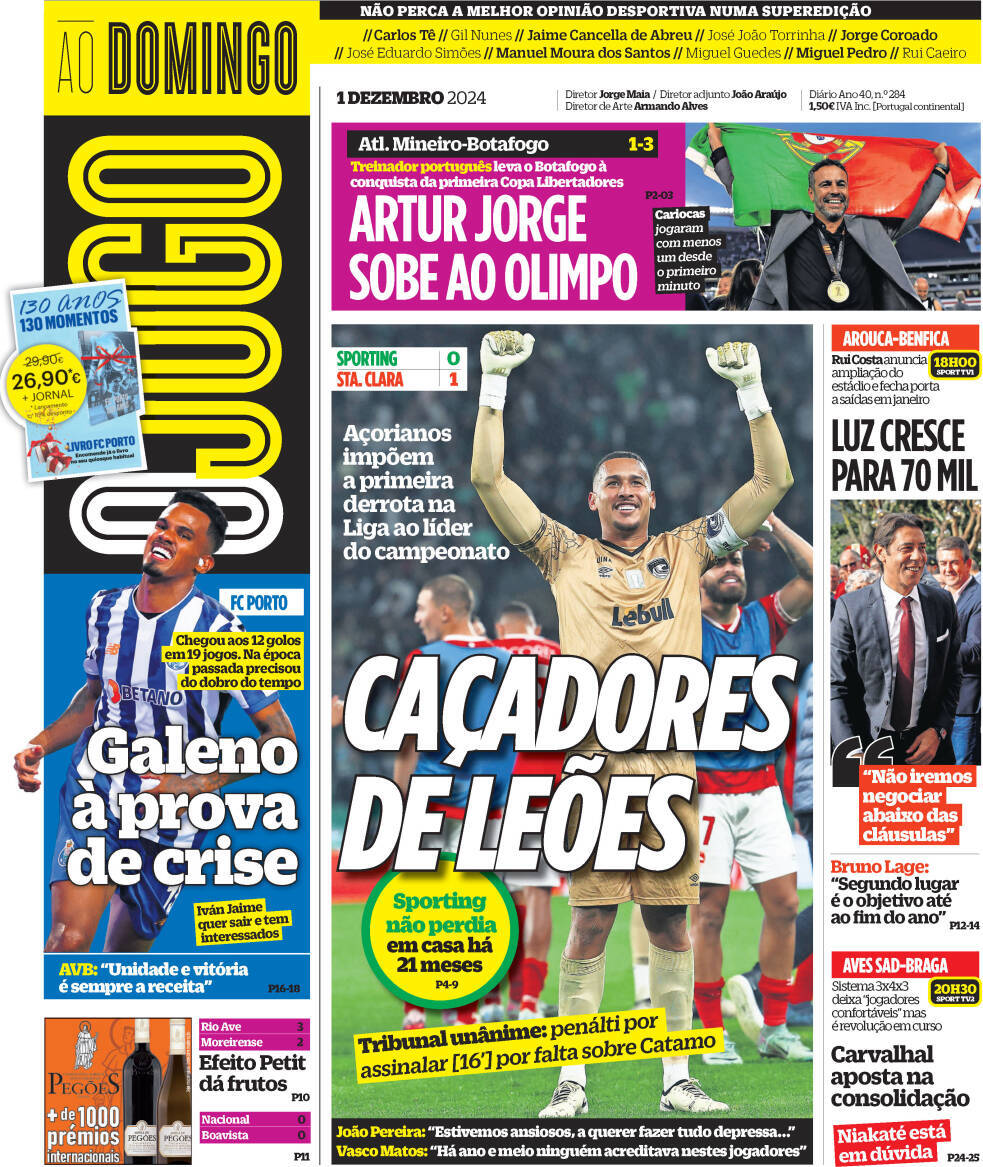 O Jogo: Capa da Edi&ccedil;&atilde;o de domingo, 01 de dezembro 2024